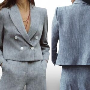 ZARA New Blogger FAV Cropped Double Breasted Cotton Twill Blazer Size Medium